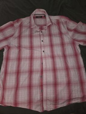 Alfani Mens Short Sleeve Shirt Red White Plaid XL.
